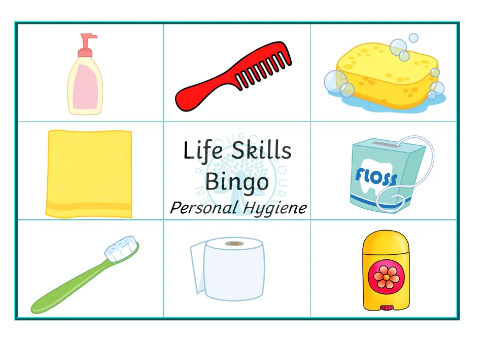 Sixth bingo board pictures pump soap, comb, sponge, towel, floss, toothbrush, toilet roll and deodorant stick