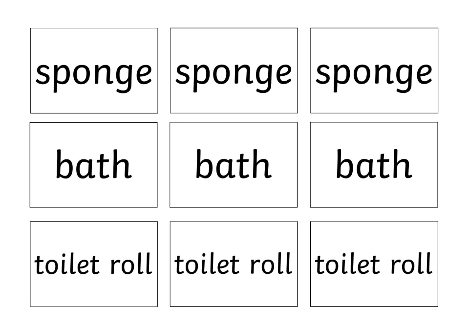 Word cards to cut out: sponge, bath and toilet roll, each printed three times for calling and reading practice