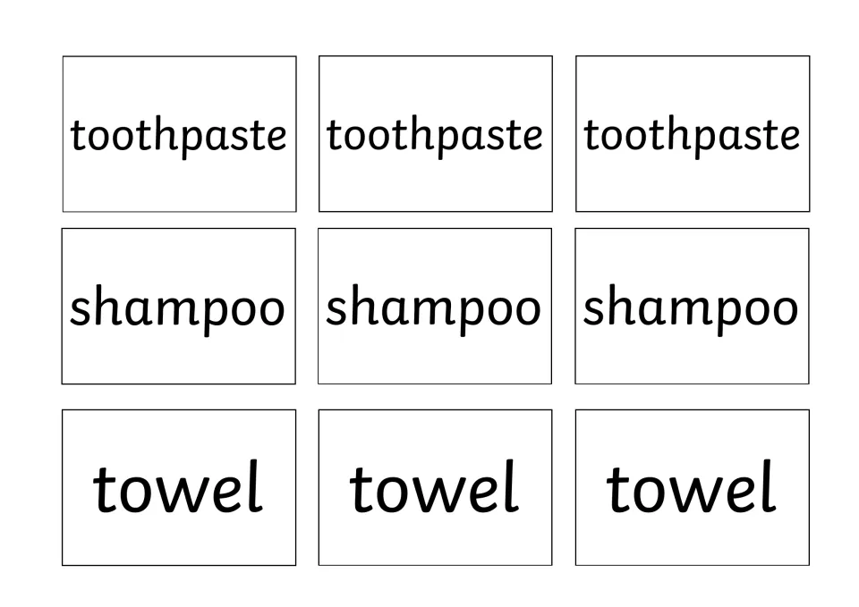 Printable word cards: toothpaste, shampoo and towel, three copies of each for students to read and match to pictures