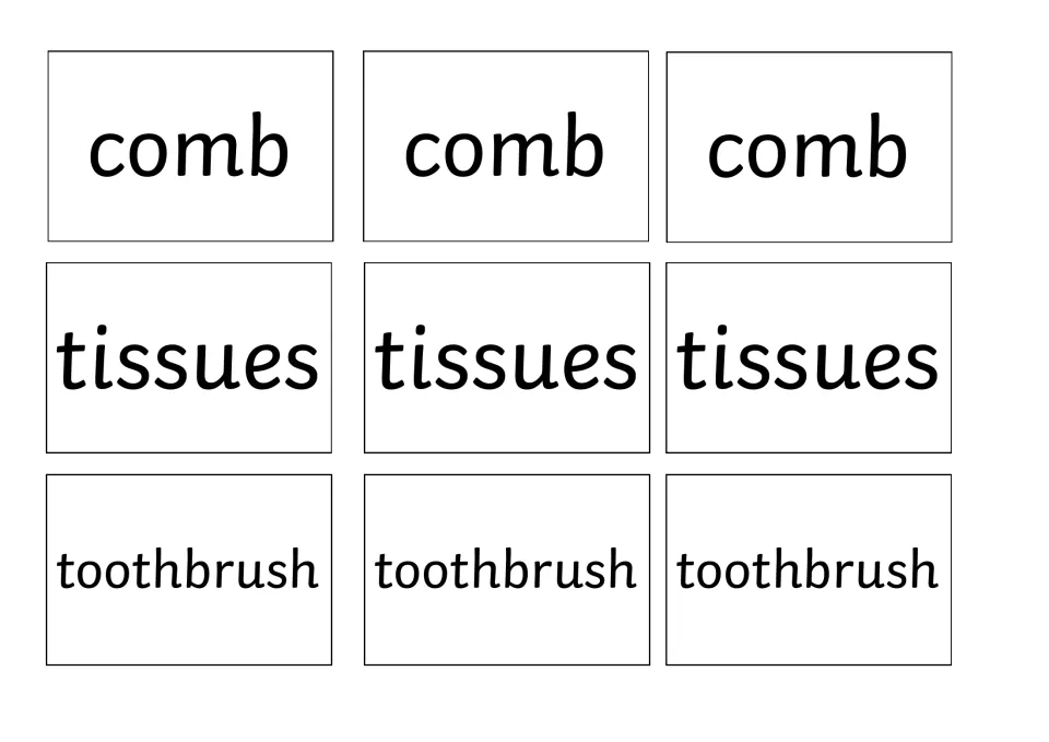 Cut-apart word cards reading comb, tissues and toothbrush, three of each, for word recognition during bingo