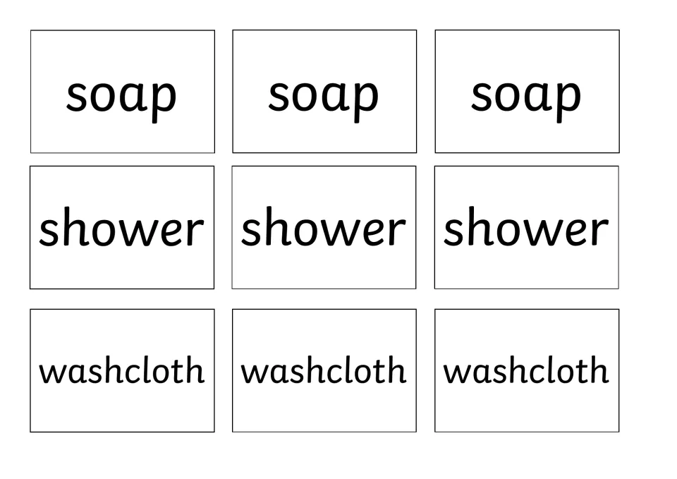 Vocabulary cards for soap, shower and washcloth in three copies each, used to call or match hygiene items