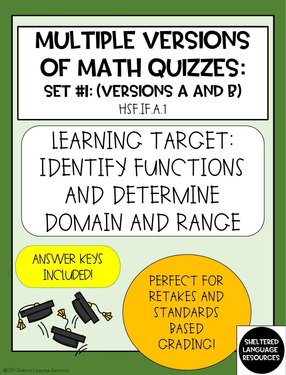 Cover: math quiz set #1, versions A and B, on identifying functions and determining domain and range; answer keys included