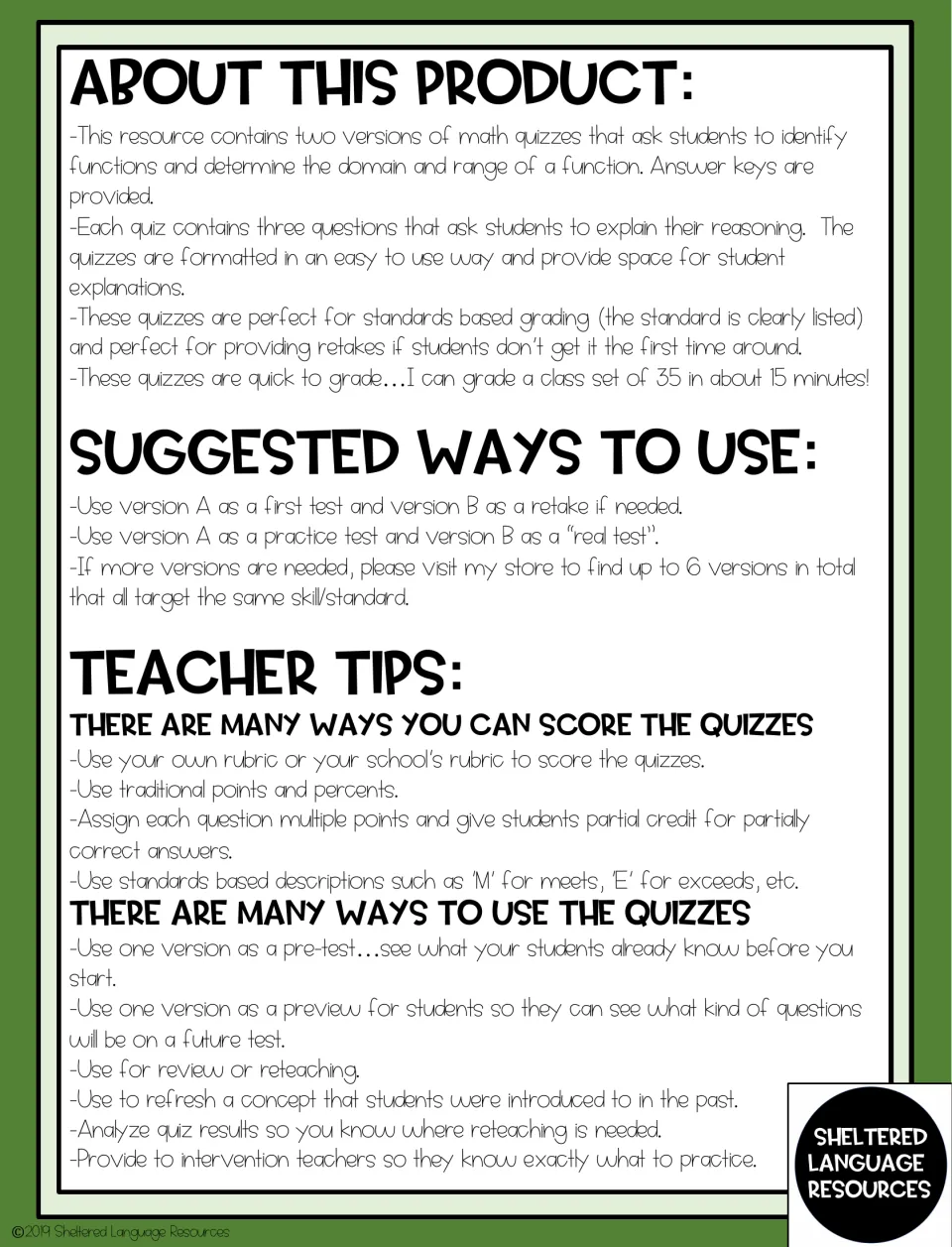 Teacher notes on both quiz versions, test and retake uses, and scoring tips such as rubrics, points and partial credit