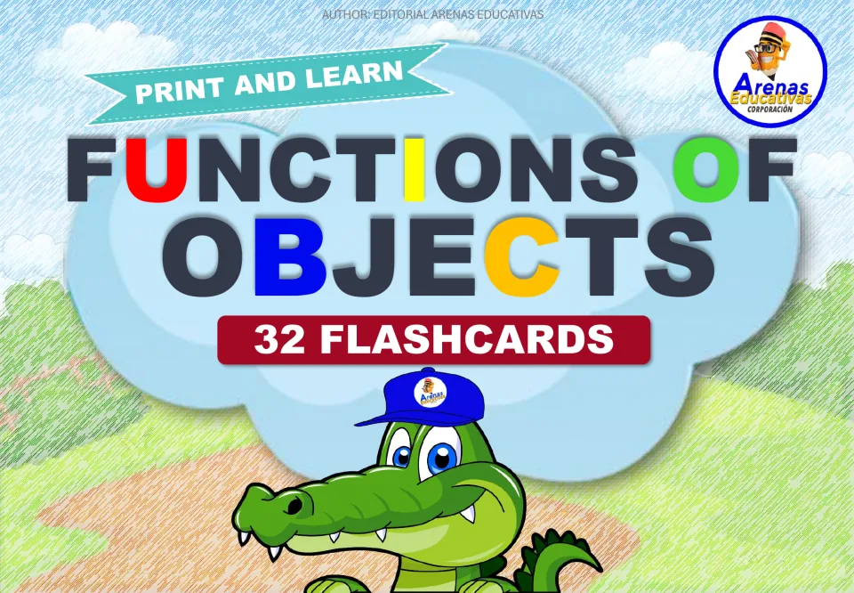 Print and Learn cover: Functions of Objects, 32 flashcards, with a crocodile mascot in a cap below the title