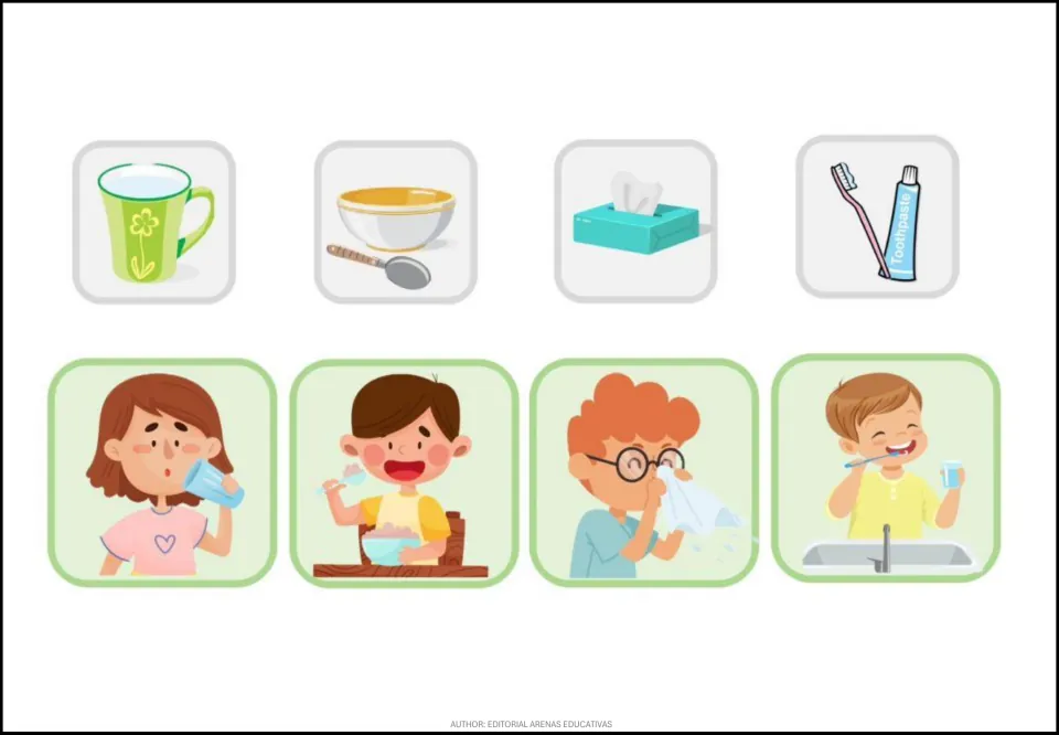 Cut-out cards: cup, bowl, tissues and toothbrush to match with drinking, eating, blowing a nose and brushing teeth