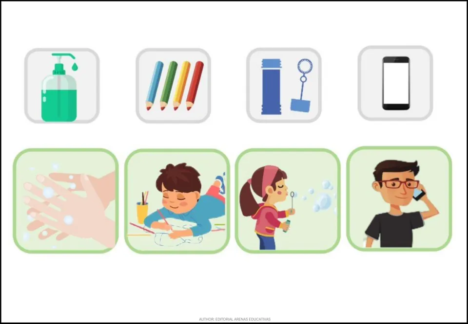 Cut-out cards: soap pump, colored pencils, bubble wand, phone matched to washing hands, drawing, blowing bubbles, calling