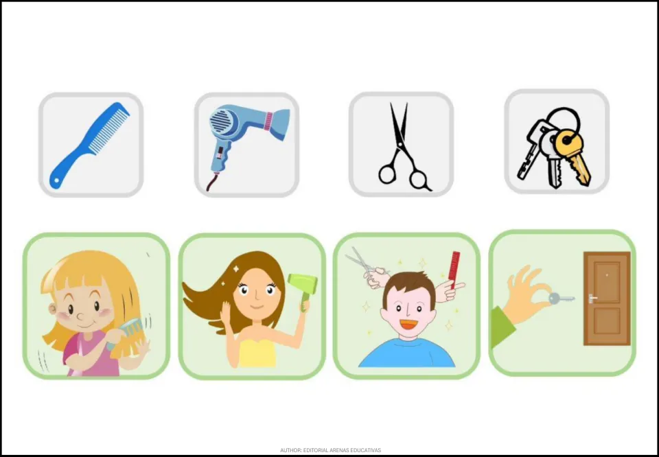 Cut-out cards: comb, hair dryer, scissors, keys paired with combing hair, drying hair, a haircut and unlocking a door