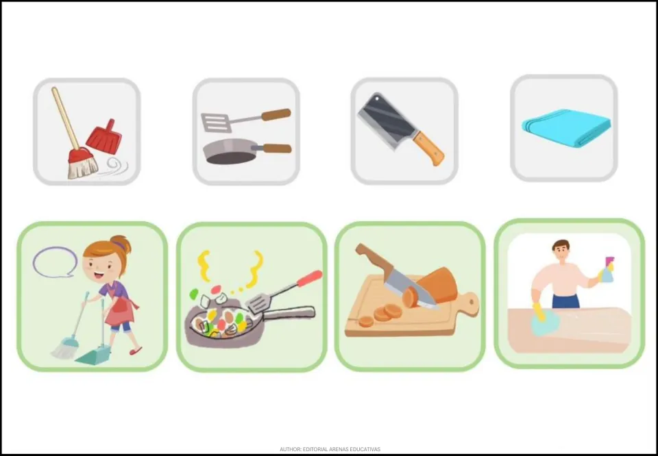 Kitchen and cleaning cards: broom and dustpan, pan and spatula, knife, cloth matched to sweeping, cooking, chopping, wiping