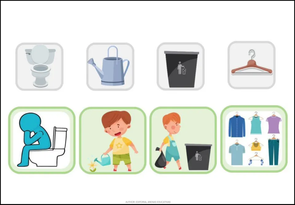 Home object cards: toilet, watering can, bin, hanger matched to toilet use, watering a flower, trash and hung clothes