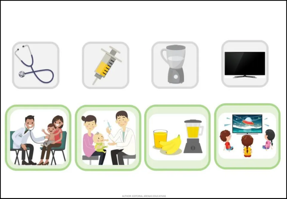 Health and home cards: stethoscope, syringe, blender, TV matched to a checkup, a vaccine, making juice and watching TV
