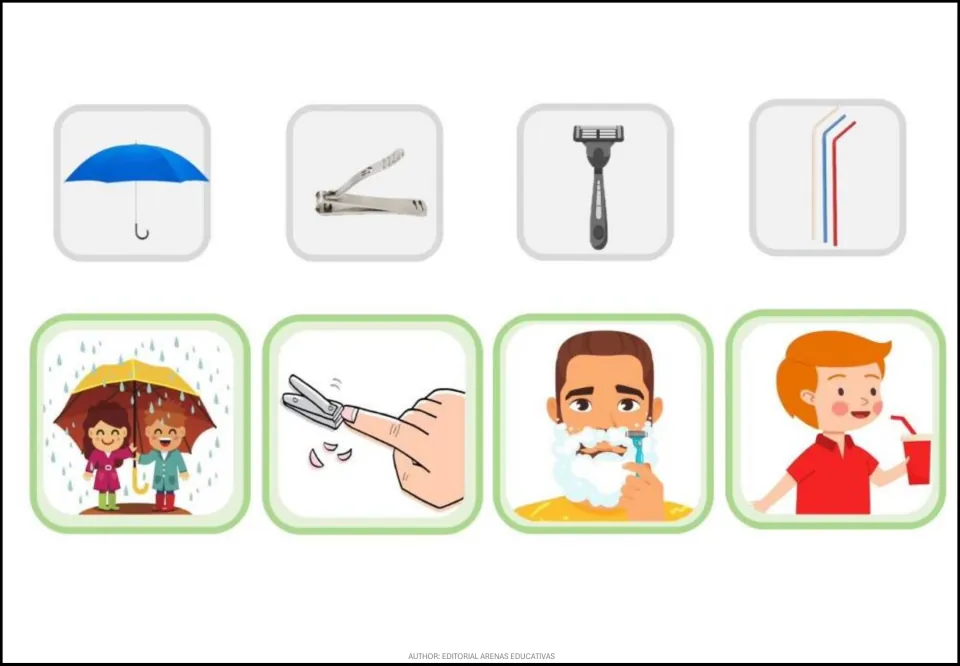 Cut-out cards: umbrella, nail clipper, razor, straws matched to rain, nail cutting, shaving and sipping a drink
