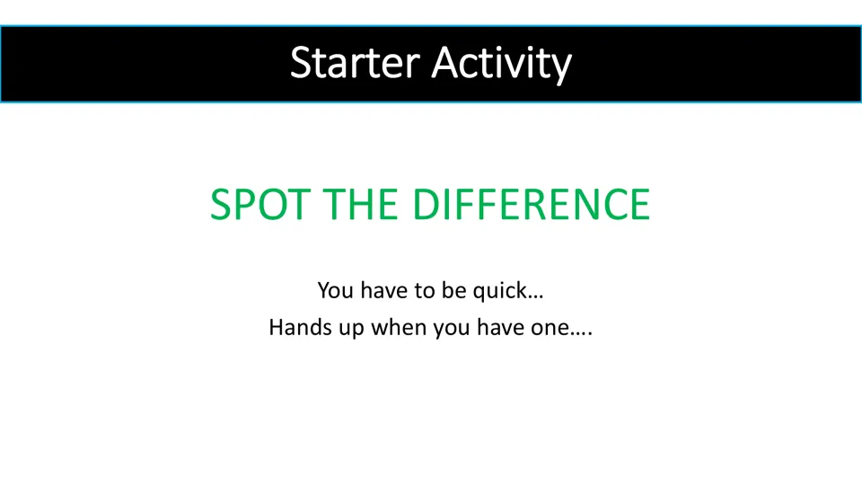 Starter activity instructions for Spot the Difference ask students to be quick and raise a hand when they find one