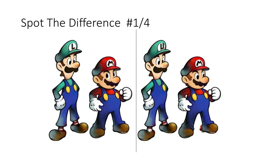 Spot-the-difference task 1 of 4 in the lesson starter uses two versions of a Mario and Luigi illustration
