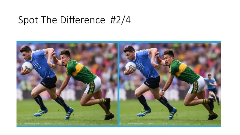 Spot-the-difference task 2 of 4 in the lesson starter uses two sports photos of a ball carrier and an opponent
