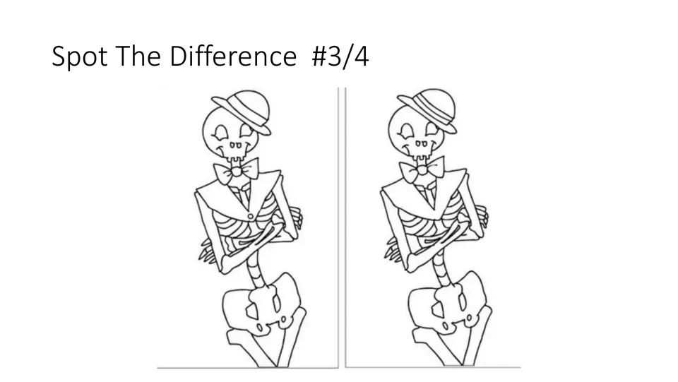 Spot-the-difference task 3 of 4 in the lesson starter uses two skeleton drawings wearing a hat and bow tie