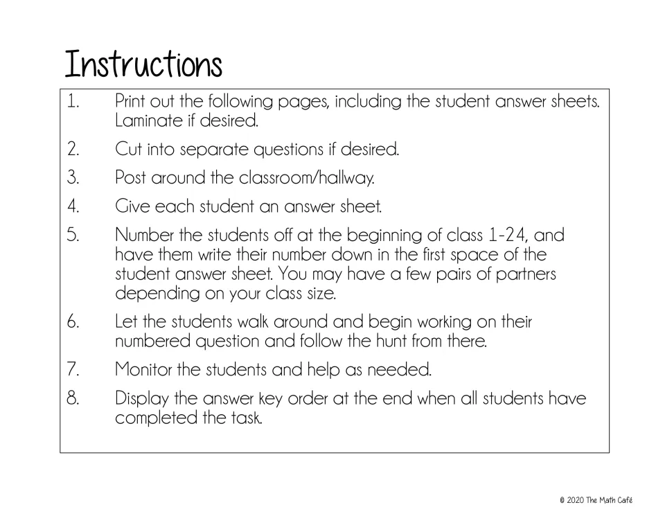 Scavenger hunt setup steps: print and post 24 cards, number students 1-24, then display the answer order at the end