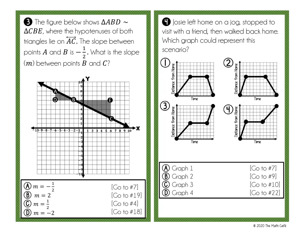 Hunt cards 3-4: find slope BC from similar triangles on line AC, then pick the distance-time graph for Josie's jog home