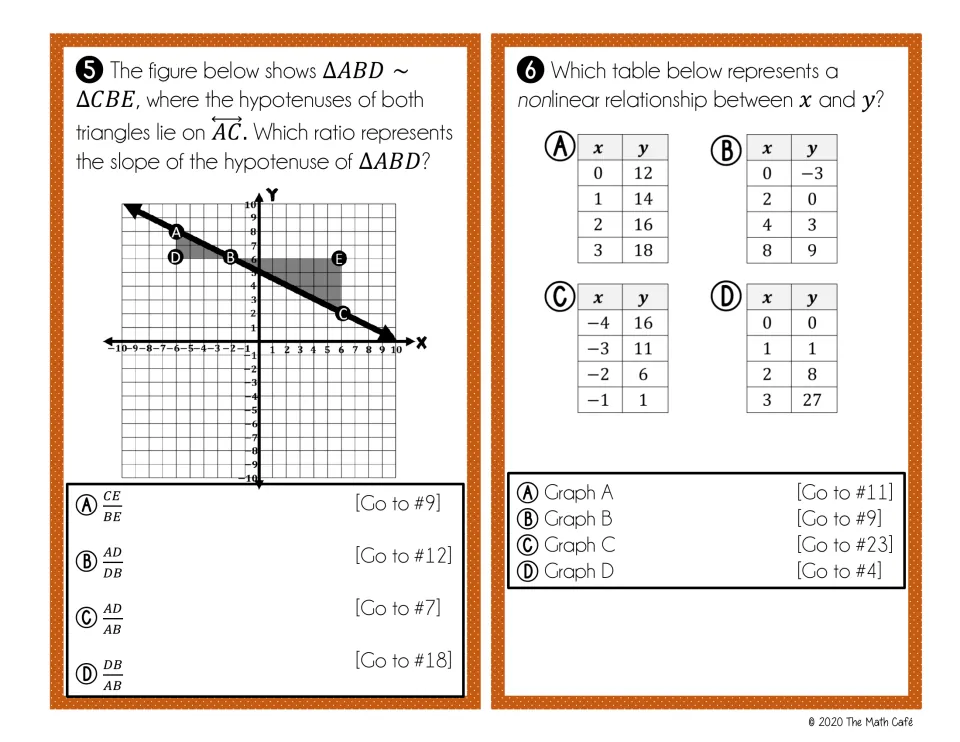 Hunt cards 5-6: choose the ratio for slope of triangle ABD's hypotenuse, then find which x-y table is nonlinear