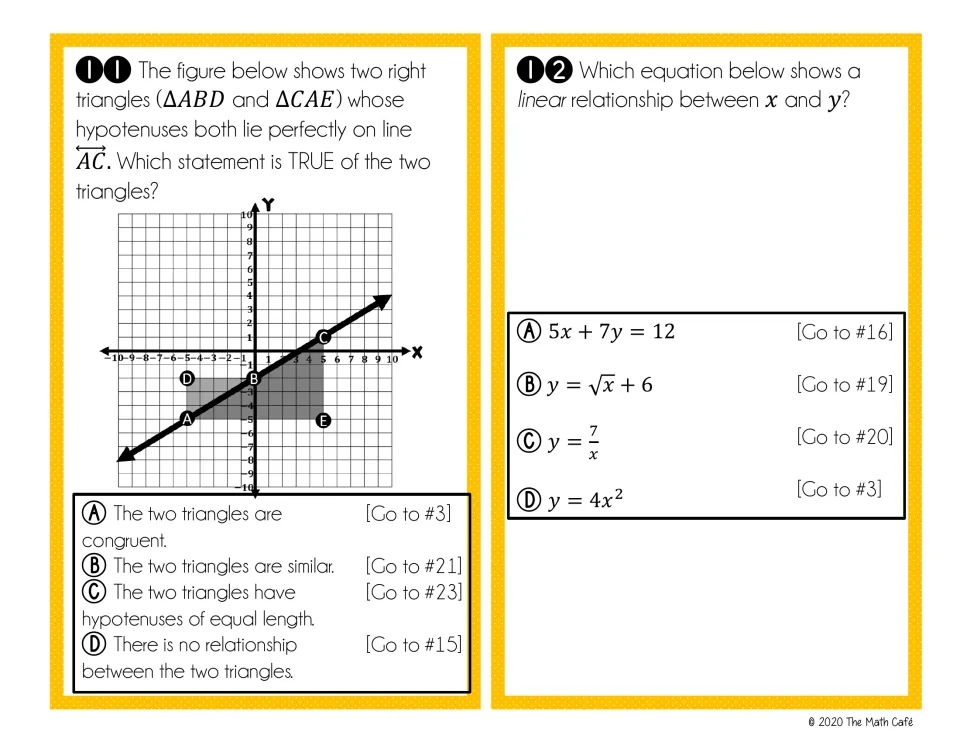 Hunt cards 11-12: decide what is true of two right triangles on line AC, then pick the equation that is linear