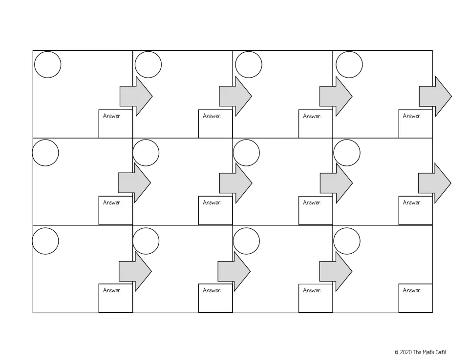Student answer sheet: 12 arrow-linked spaces with a circle for the card number and an Answer spot for each step