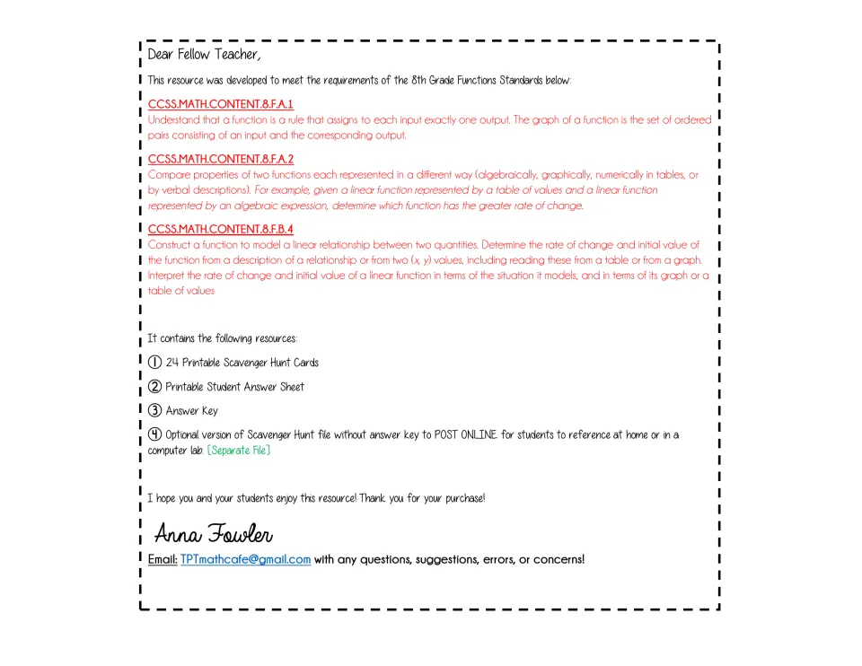 Teacher letter listing three 8th grade functions standards and contents: 24 hunt cards, answer sheet and answer key