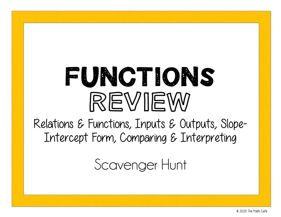Functions review cover: relations and functions, inputs and outputs, slope-intercept form, comparing and interpreting