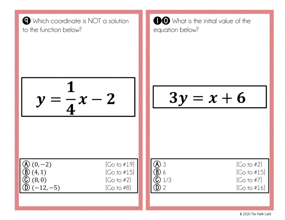 Cards 9 and 10: students find the point that is not a solution of y = 1/4x - 2 and the initial value of 3y = x + 6