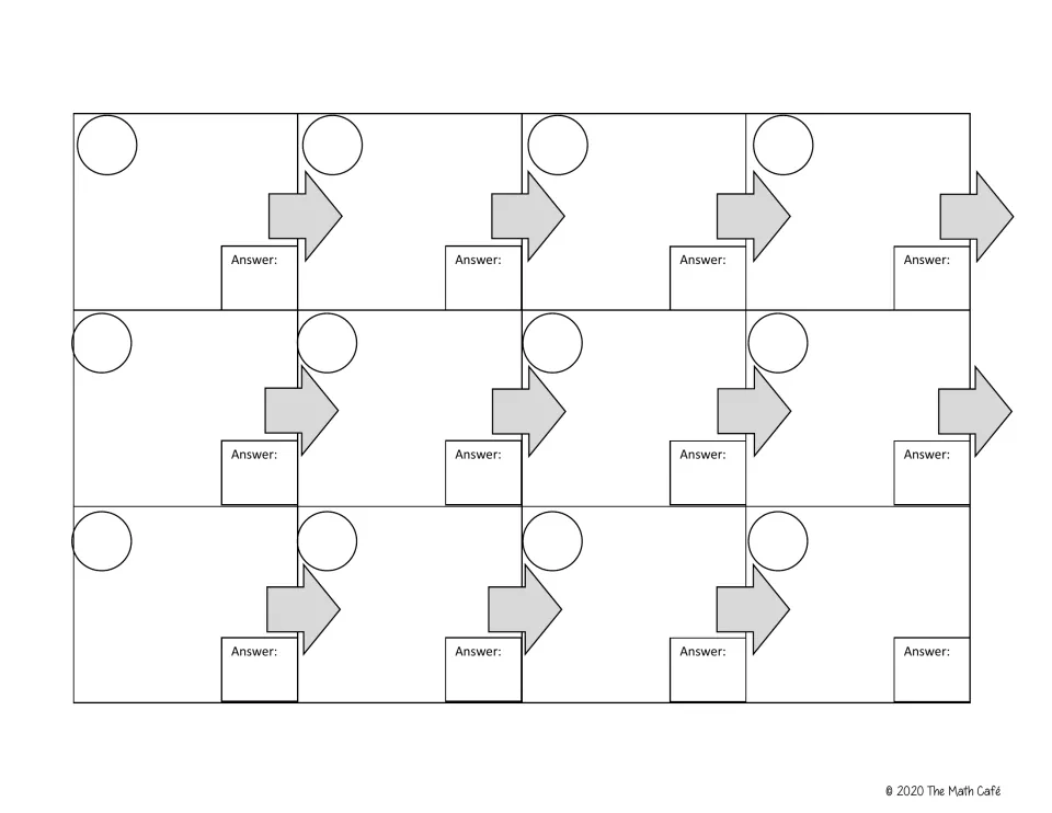 Student recording sheet: 12 numbered spots where students log each card number and answer in the order they hunt