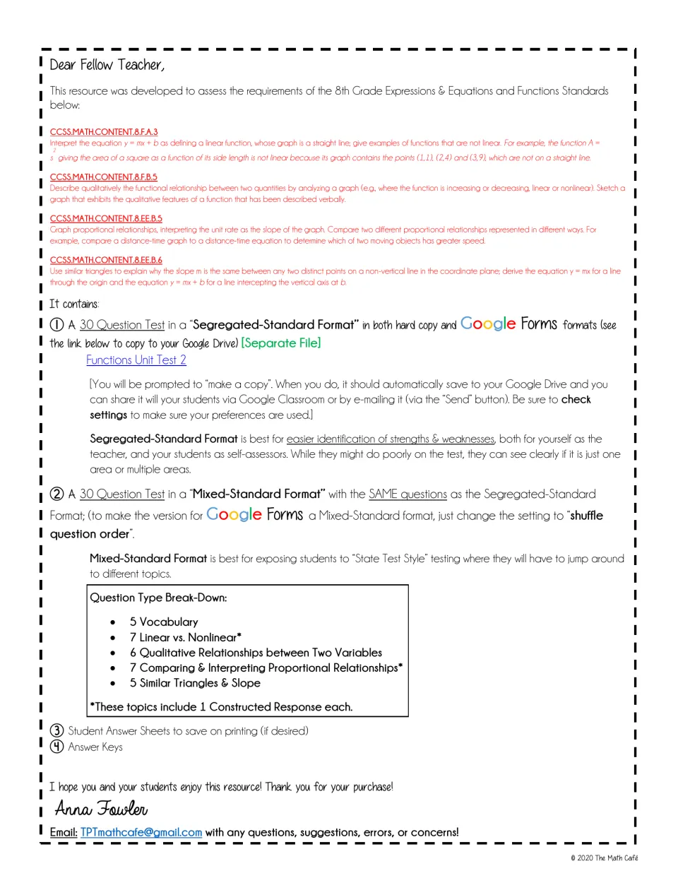 Teacher guide to the functions assessment: standards, two test formats, Google Forms access, and topic counts