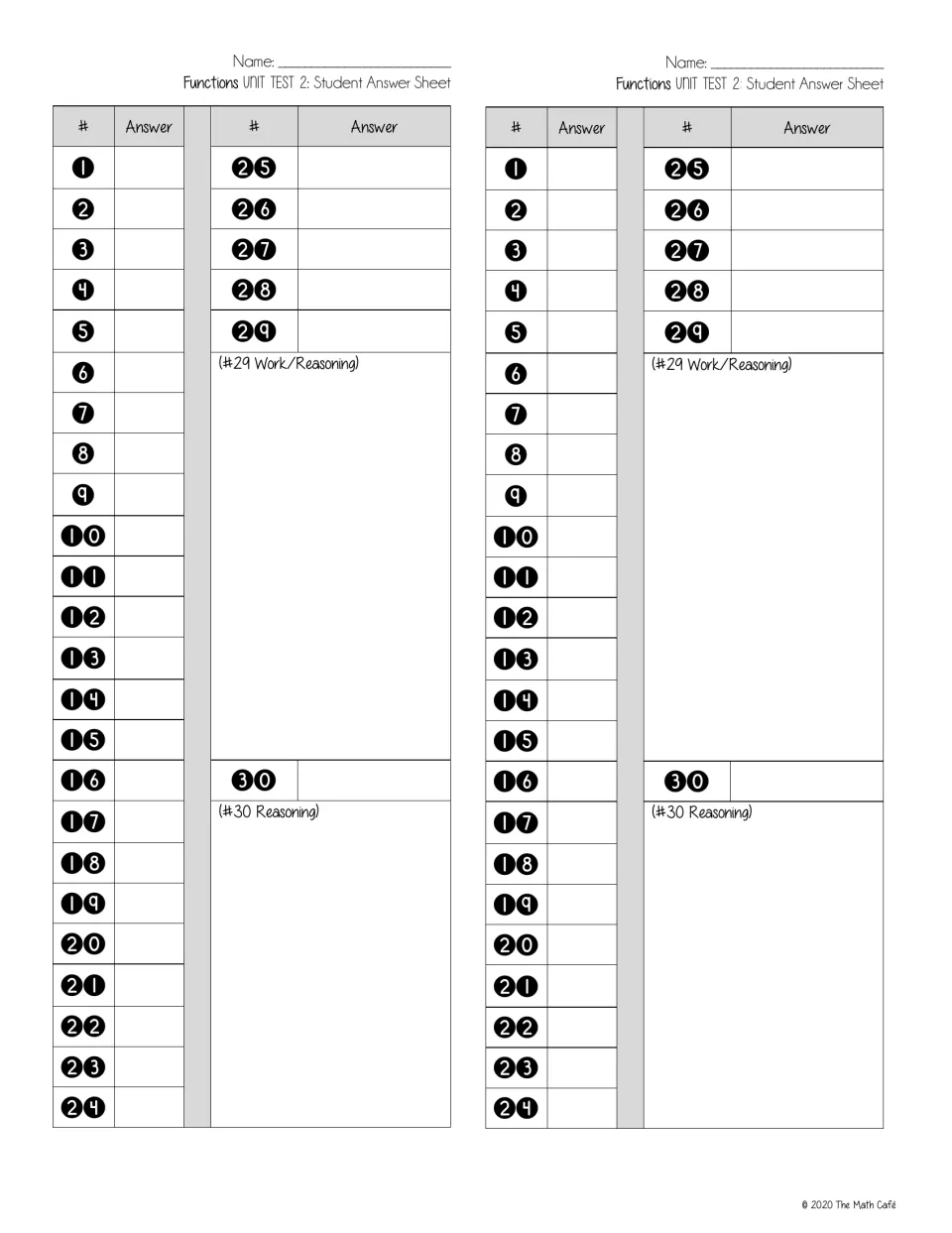 Two copies of the student answer sheet for questions 1–30, including work and reasoning for questions 29–30