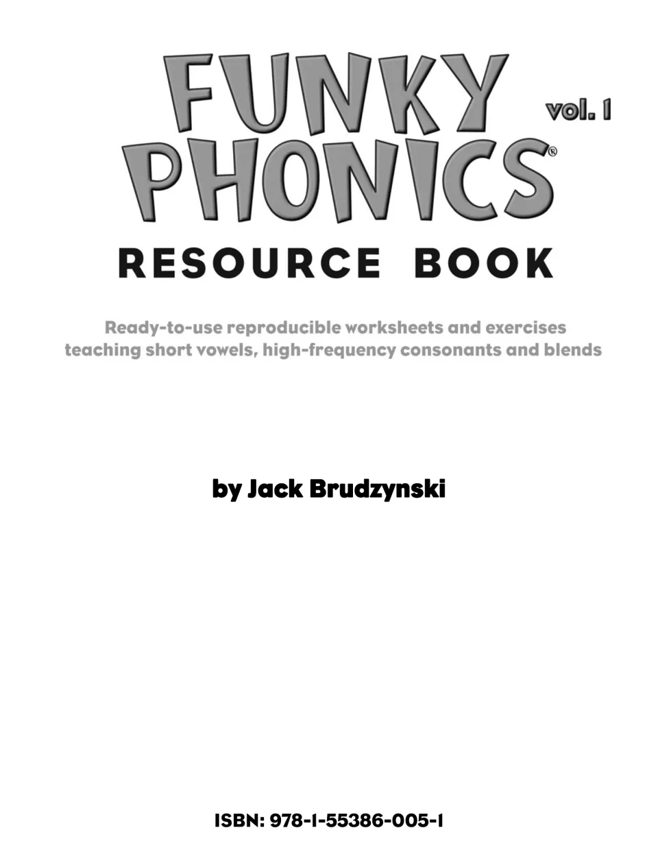 Resource Book title page by Jack Brudzynski listing worksheets and exercises for short vowels, consonants and blends