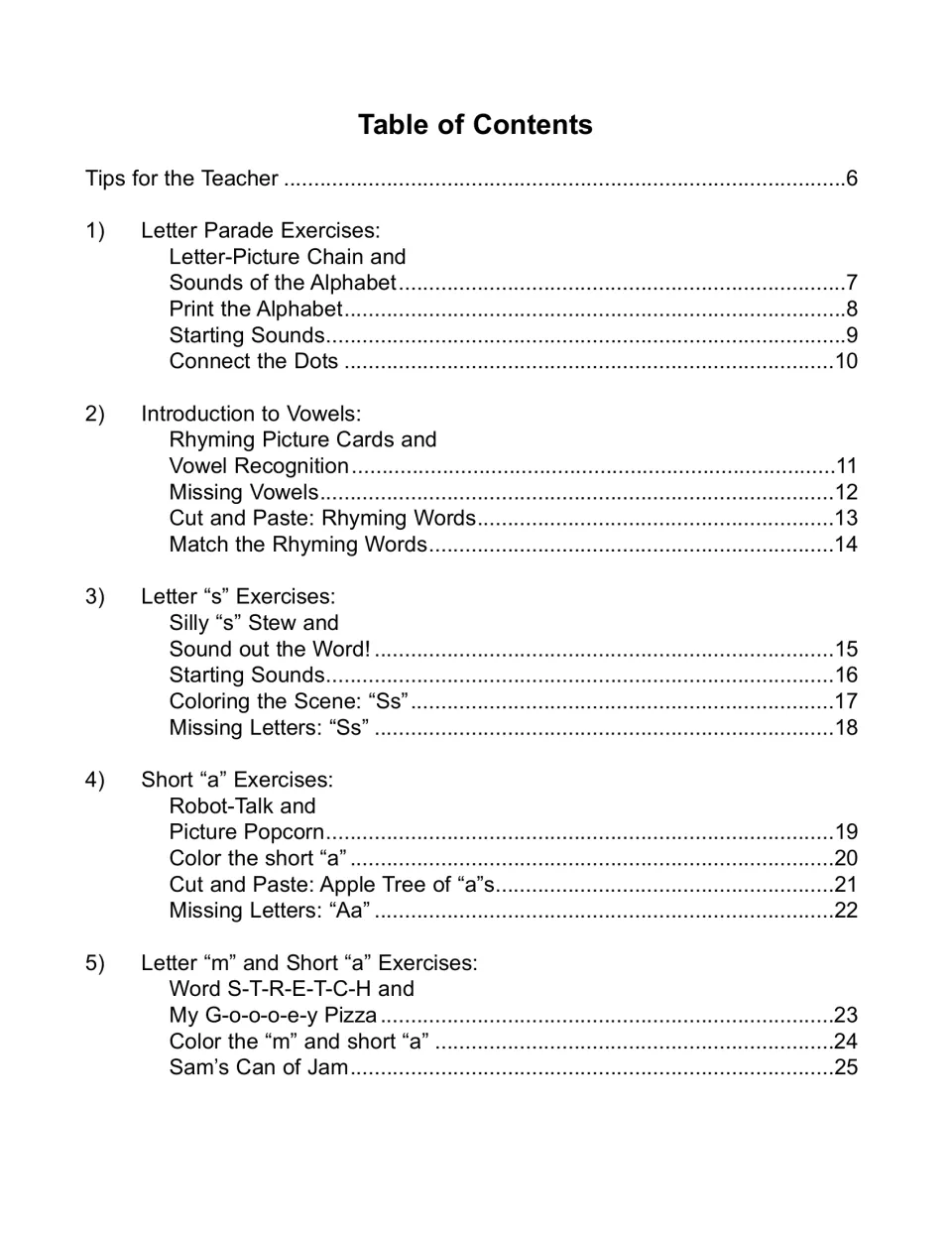 Table of contents, units 1 to 5: Letter Parade, Introduction to Vowels, letter s, short a, and letter m plus short a