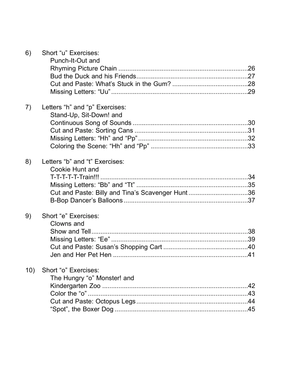 Table of contents, units 6 to 10: short u, letters h and p, letters b and t, short e and short o with page numbers