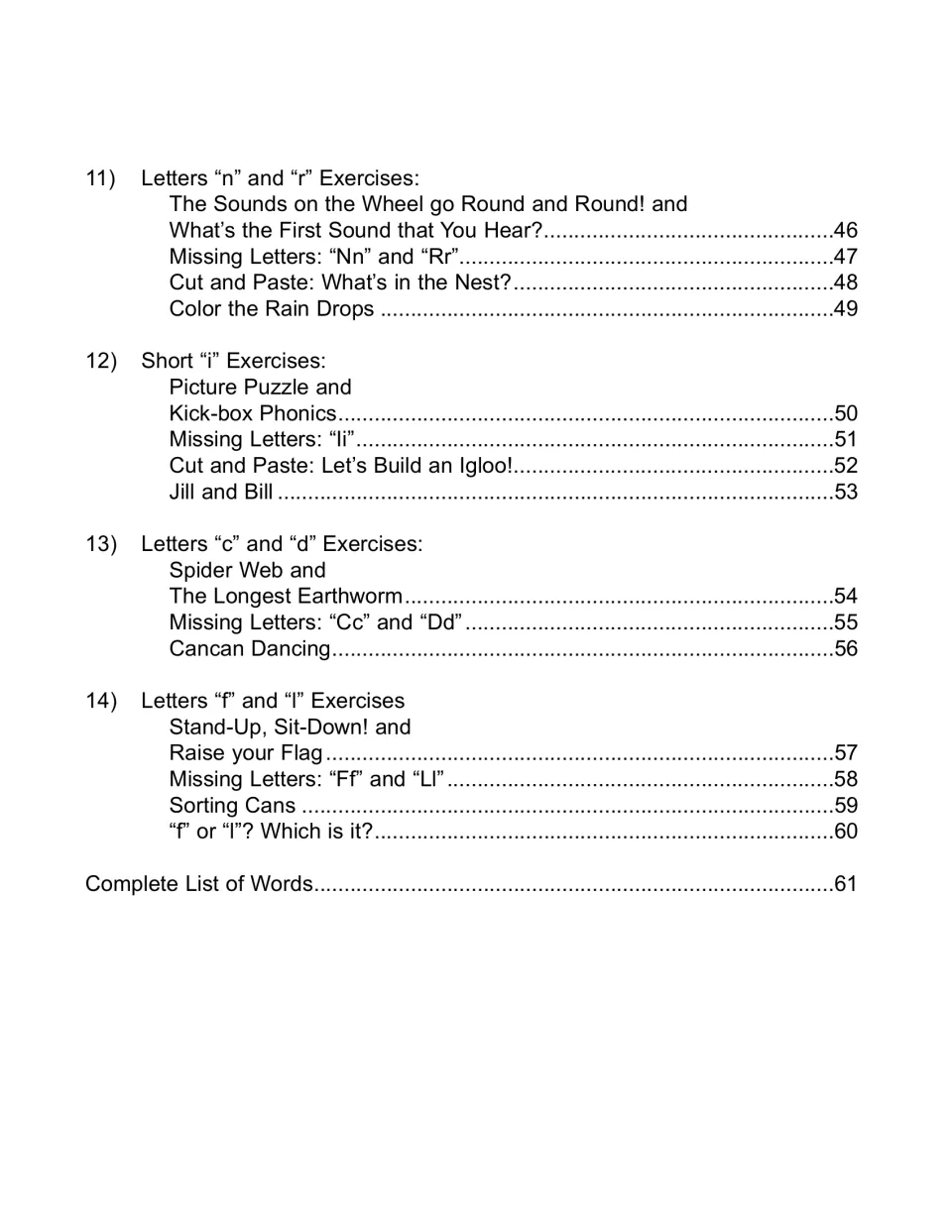 Table of contents, units 11 to 14: letters n and r, short i, letters c and d, letters f and l, plus the word list