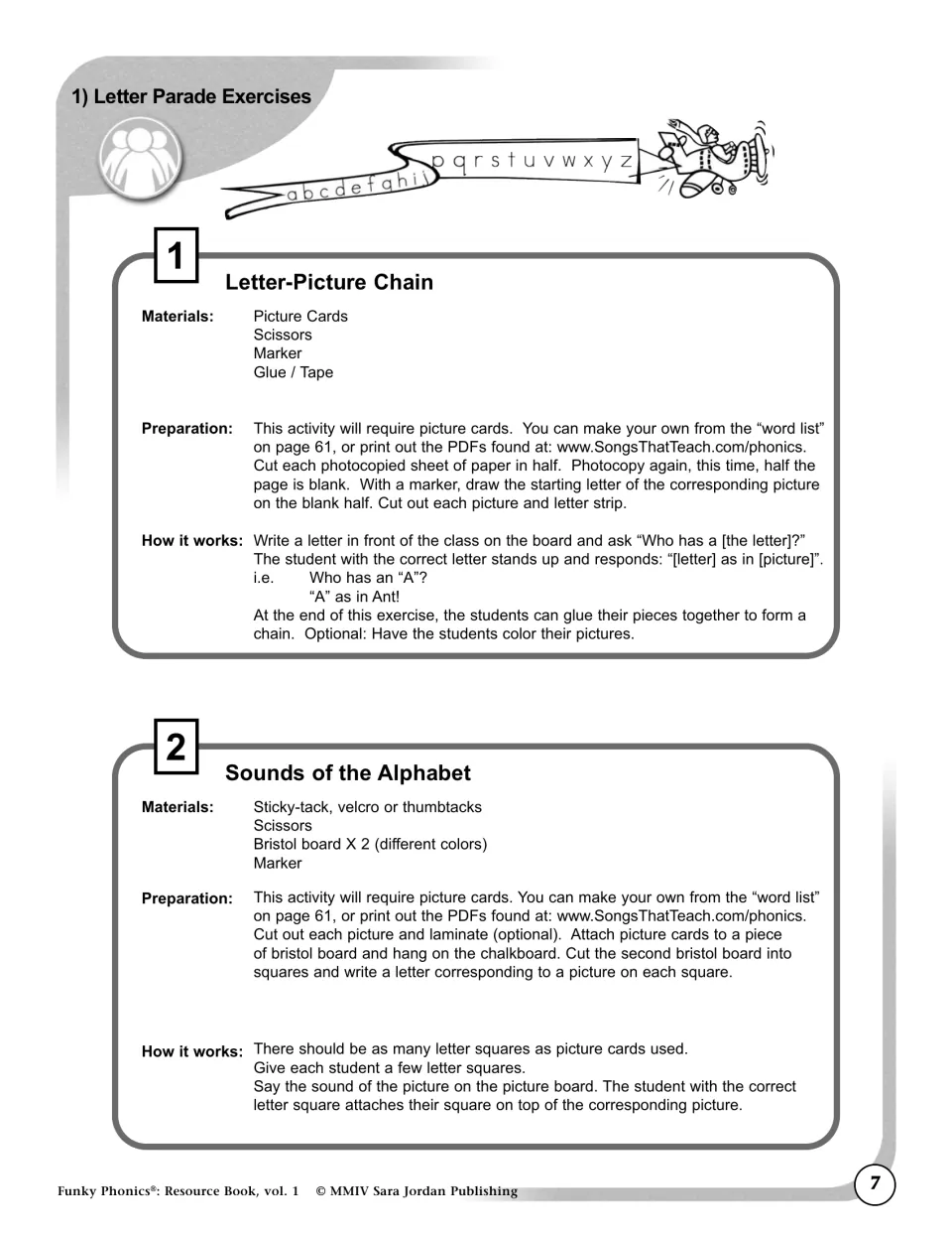 Letter Parade group games: Letter-Picture Chain and Sounds of the Alphabet, matching letters to picture cards by sound