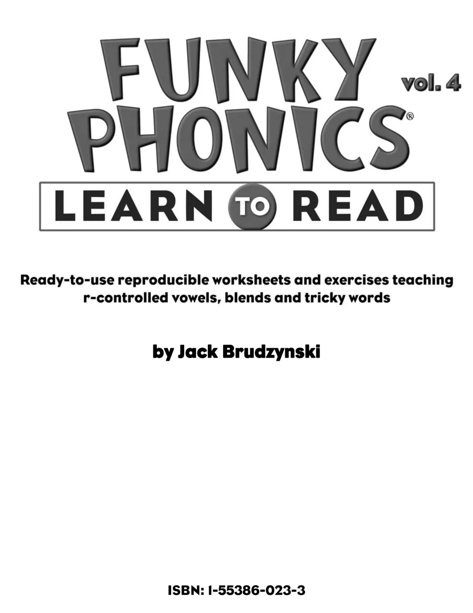 Title page by Jack Brudzynski listing reproducible worksheets on r-controlled vowels, blends and tricky words, with ISBN