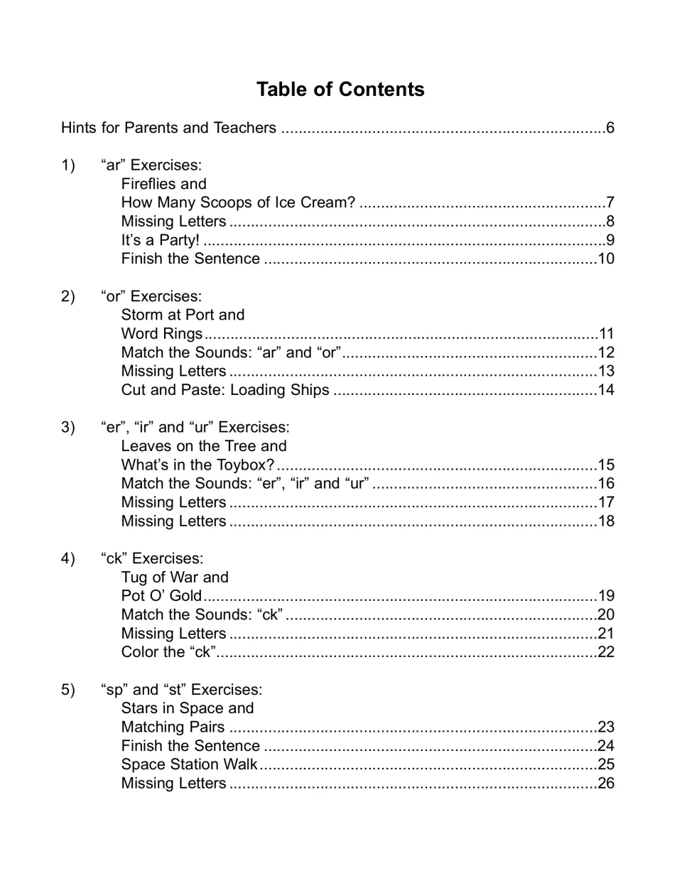 Table of contents, part 1: teacher hints, then ar, or, er/ir/ur, ck and sp/st sound exercises with page numbers 6 to 26