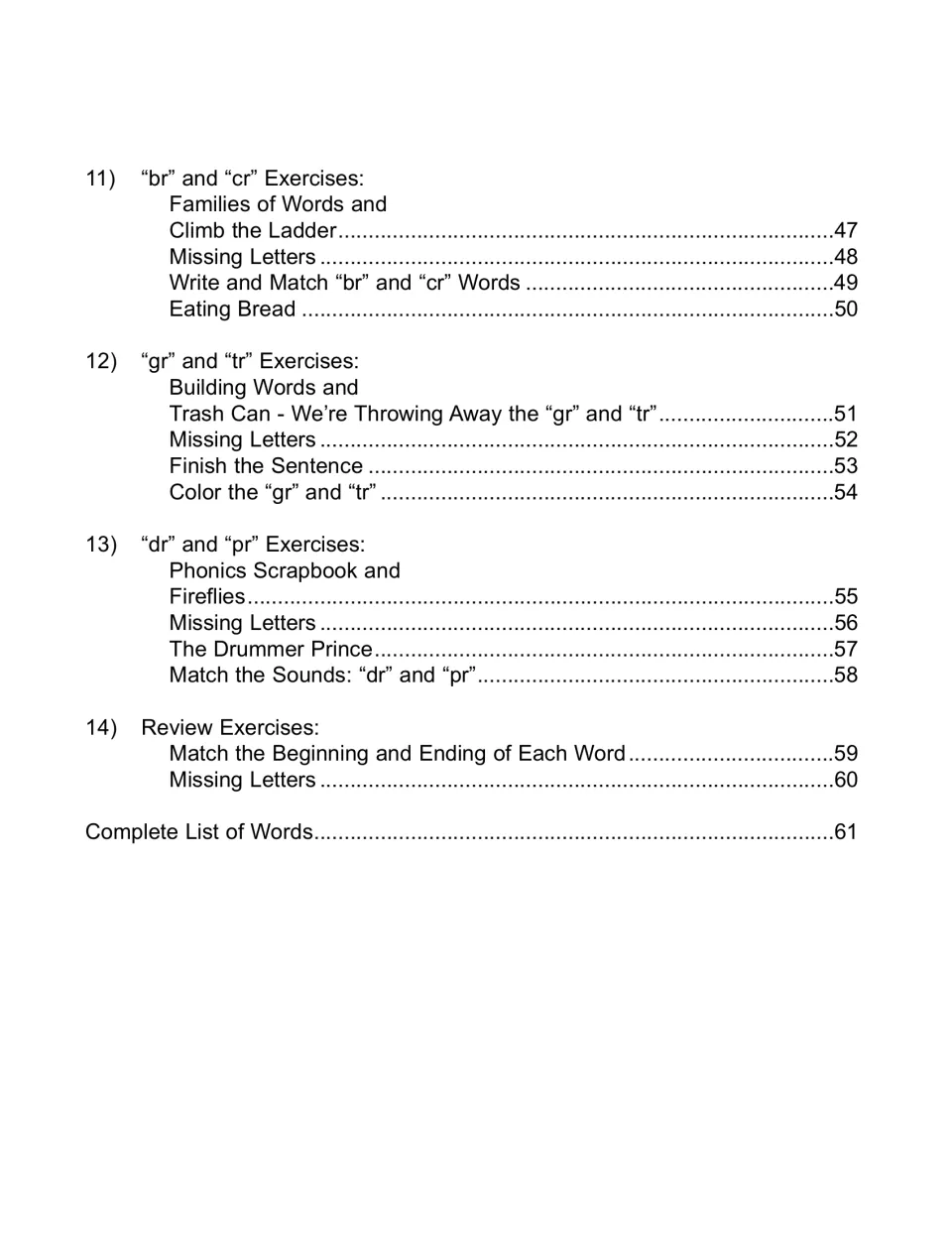 Contents, final part: br/cr, gr/tr and dr/pr blend exercises, review matching and missing letters, and a complete word list