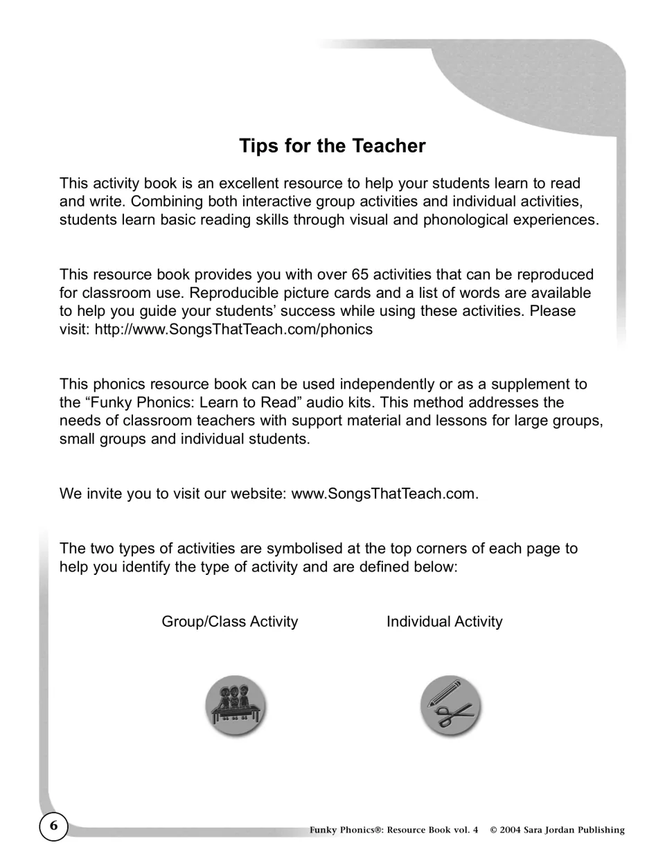 Tips for the Teacher: mixing group and individual activities, picture card link and the two activity type icons
