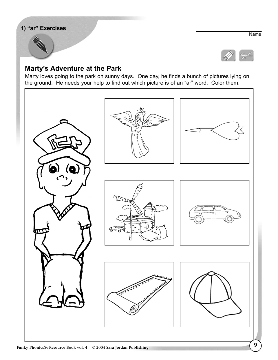 Marty's Adventure at the Park: students color the pictures of "ar" words among an angel, dart, farm, car, carpet and cap