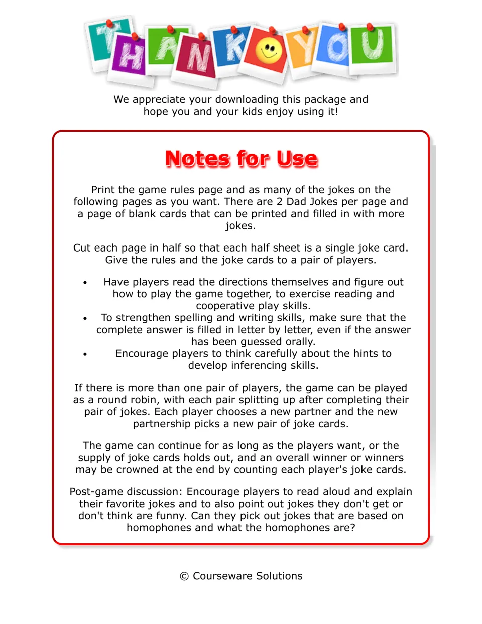 Notes for Use: print the rules and joke cards, cut each sheet in half, pair players, then discuss homophones afterward