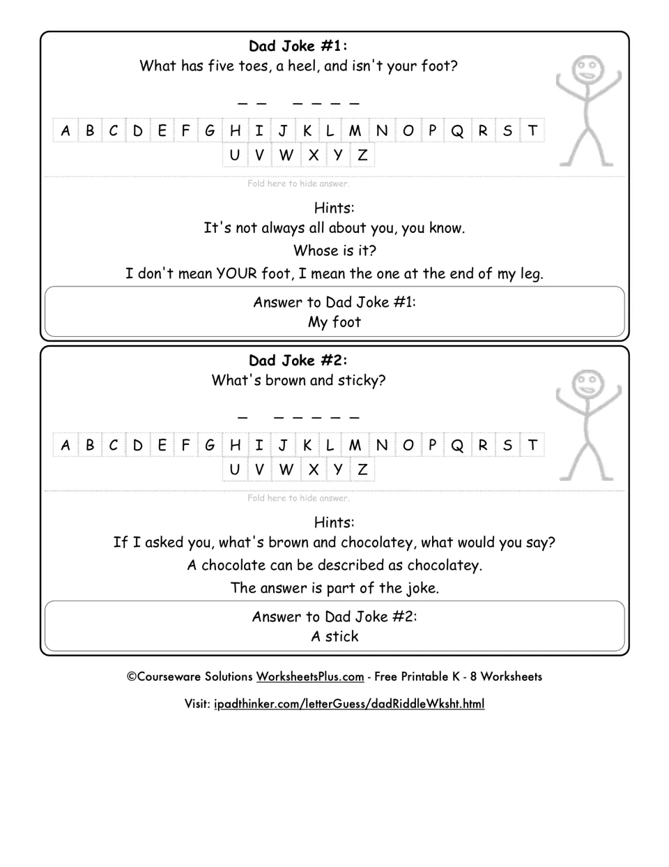 Dad Jokes #1 and #2: students guess letters to spell answers to the five-toes and brown-and-sticky riddles, using hints