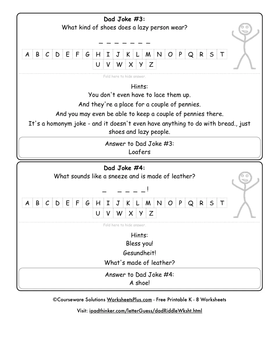 Dad Jokes #3 and #4: letter-guessing cards for the lazy-shoes and sneeze riddles, with hints pointing to a homonym pun