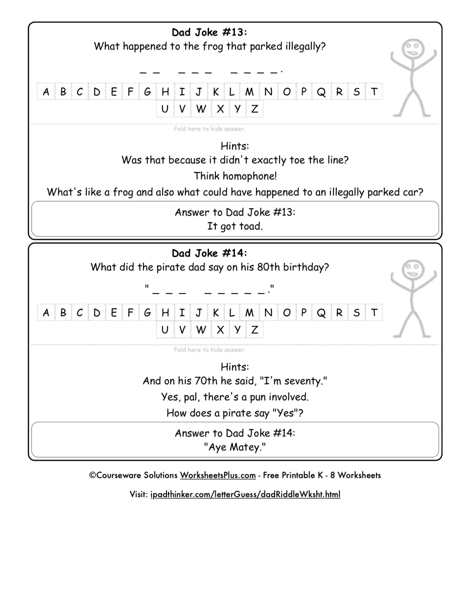 Dad Jokes #13 and #14: homophone riddles about an illegally parked frog and a pirate dad's 80th birthday, with hints