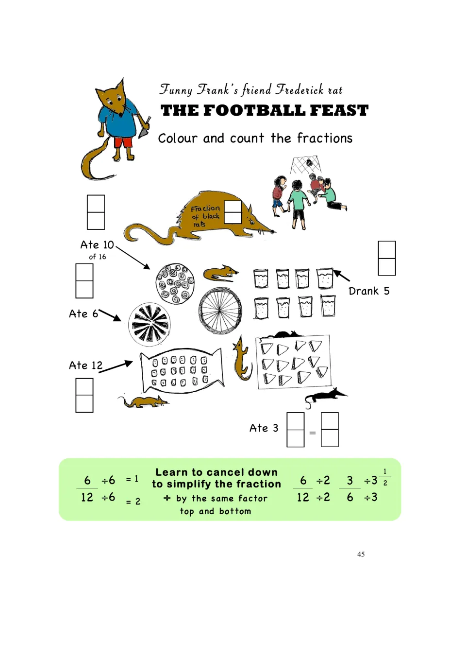 The Football Feast fraction exercise asks students to color and count food portions and simplify fractions