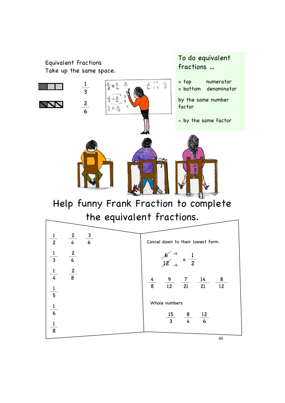 Equivalent fraction practice: complete sequences starting with 1/2, 1/3, and more, then reduce fractions