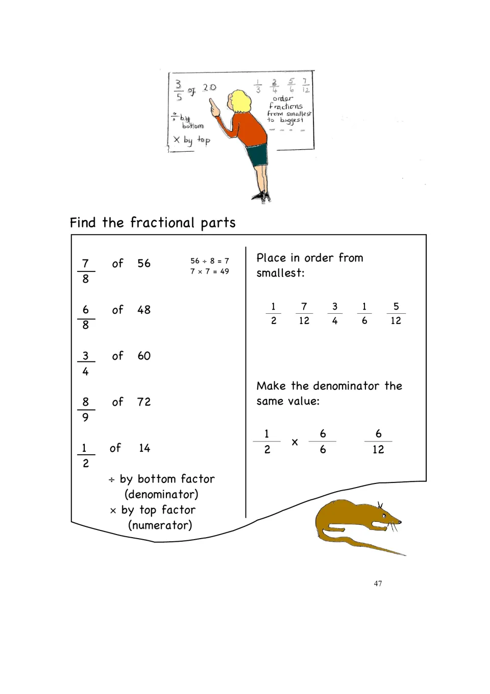 Fractional parts practice: find 7/8 of 56 and four more amounts, then order five fractions from smallest