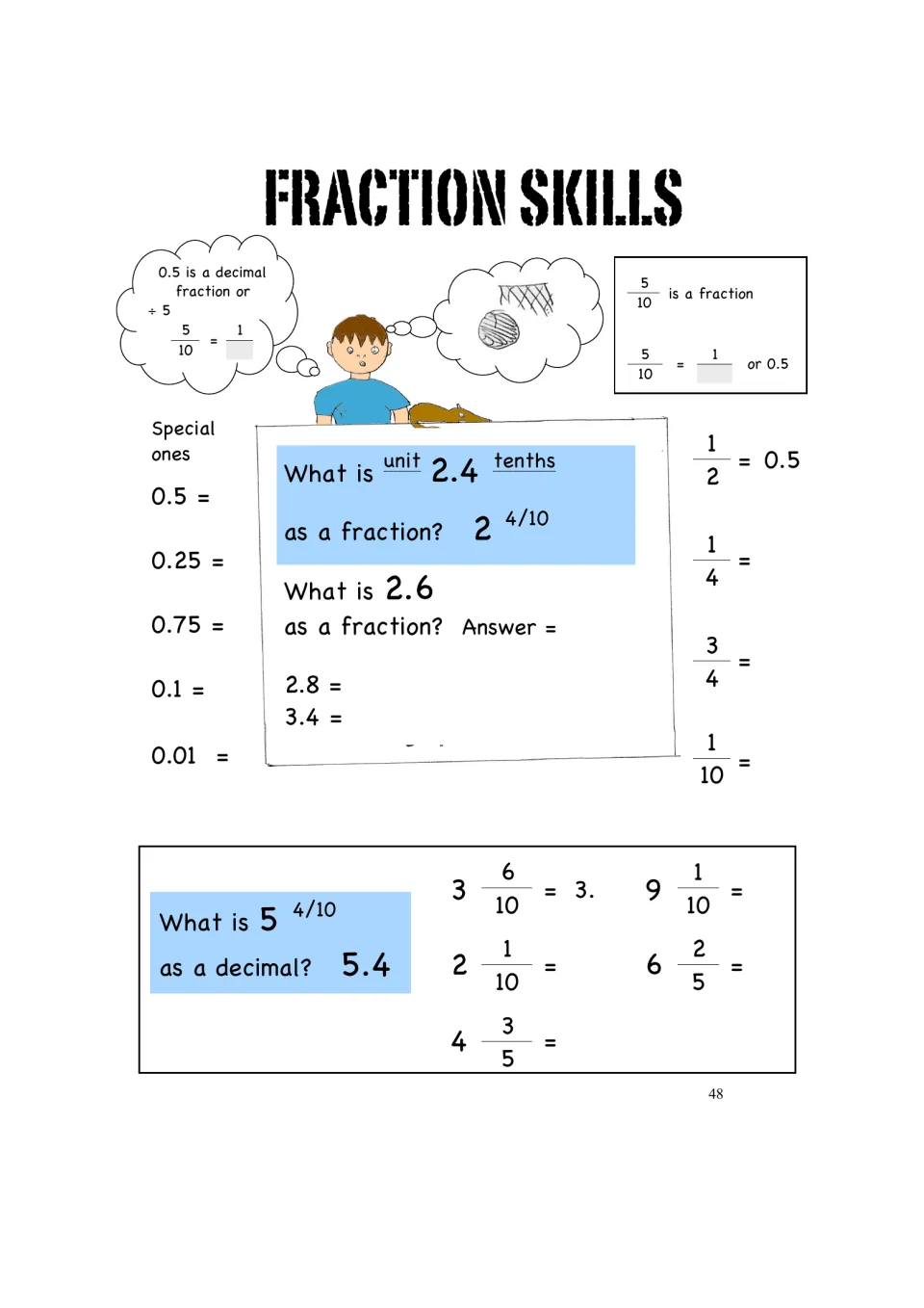 Fraction Skills practice converts decimals such as 2.6 to mixed numbers and mixed numbers to decimals