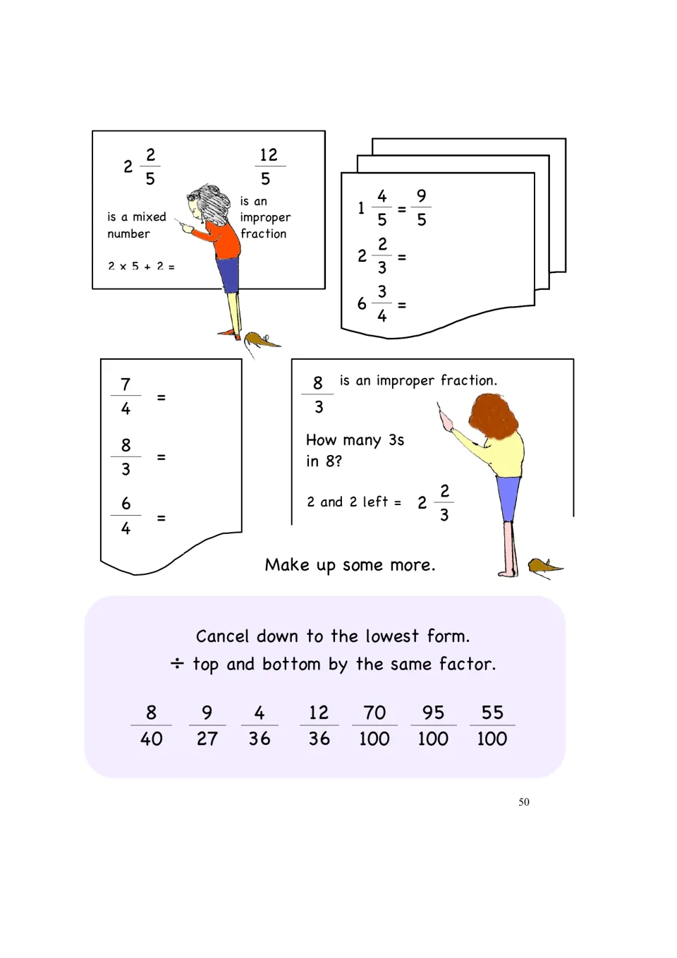 Mixed number and improper fraction practice uses 2 2/5 and 12/5, then asks students to reduce seven fractions