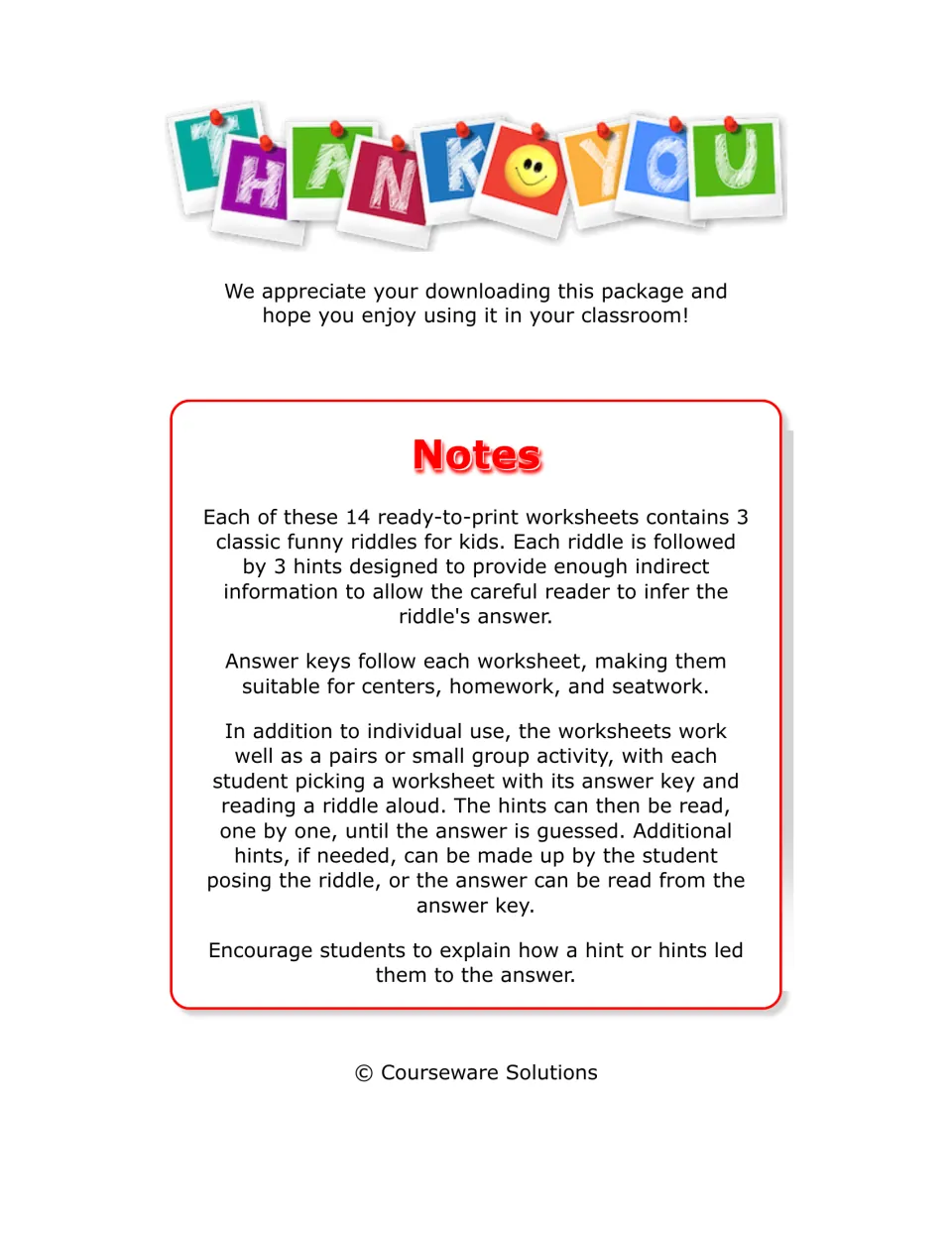 Teacher notes: 14 worksheets of 3 funny riddles, each with 3 hints, plus answer keys and a pairs read-aloud game idea